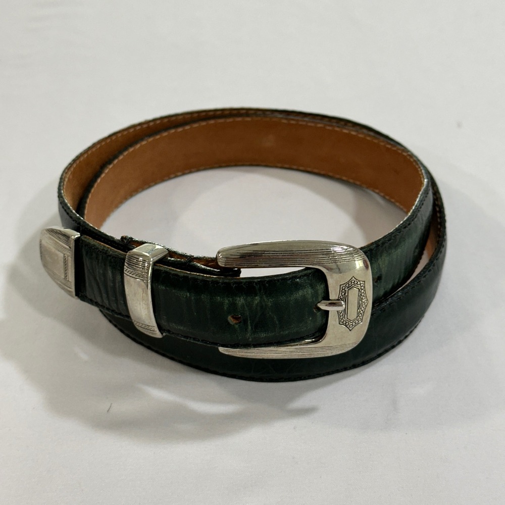 Vintage Made in USA Leather Western Belt Mens 32 Green Silver Buckle | Cowboy